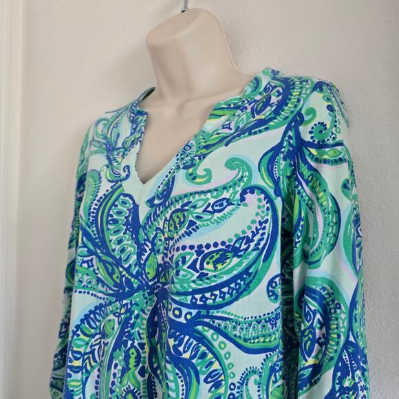 Lily Pulitzer Floral Paisley V-neck Shift Mini Dress Tunic Blue-XS Pima Cotton - Picture 2 of 7